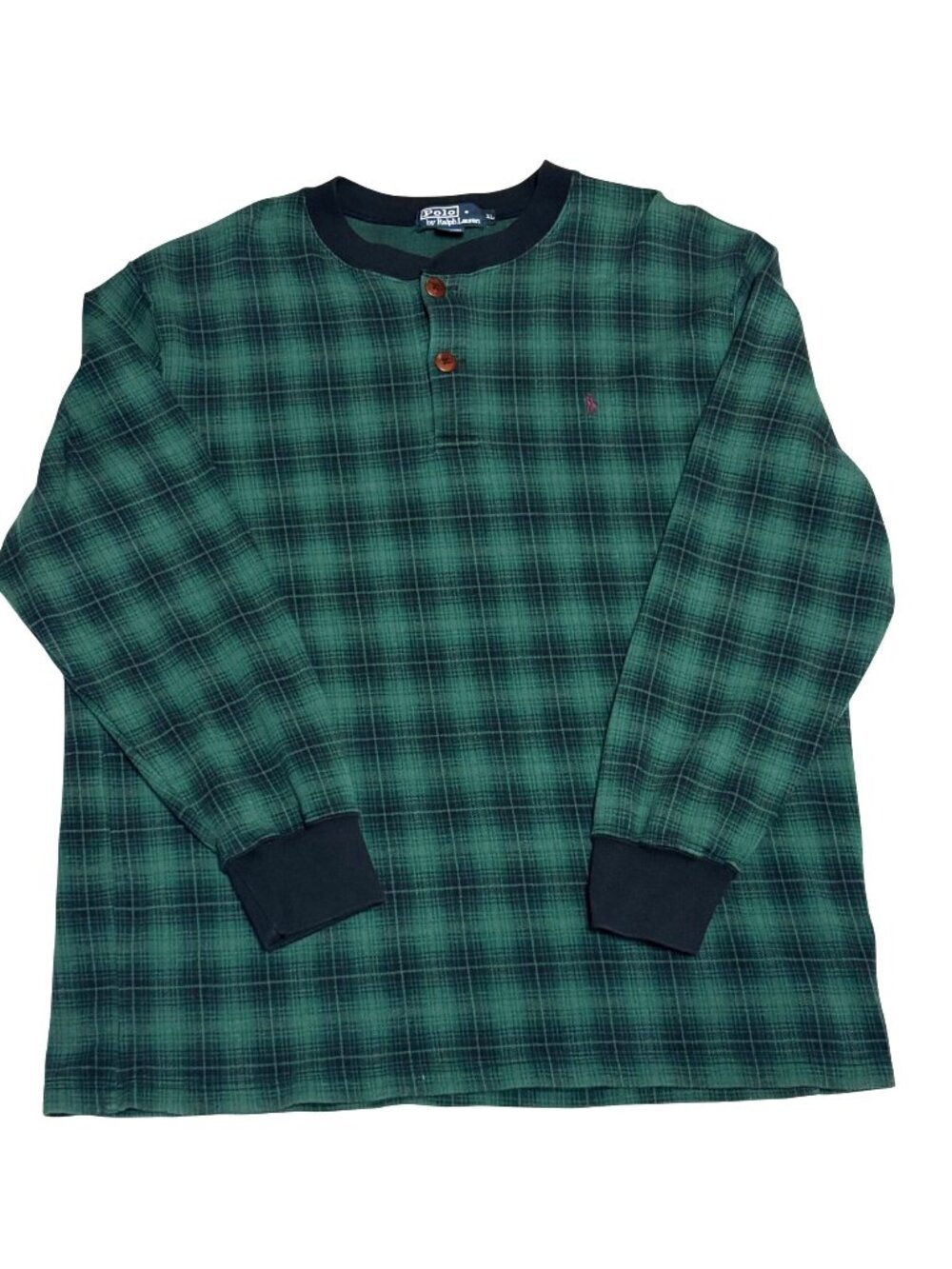 Polo Ralph Lauren Green Plaid Henley Shirt XL Long Sleeve Cotton Comfort Casual
